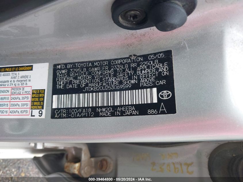 2005 Toyota Prius VIN: JTDKB20U253069599 Lot: 39464800