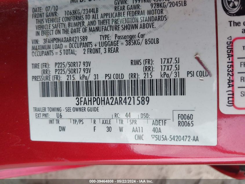 2010 Ford Fusion Se VIN: 3FAHP0HA2AR421589 Lot: 39464808