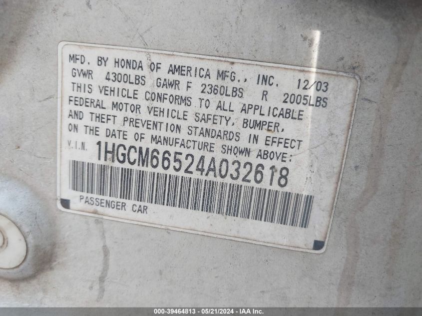 2004 Honda Accord 3.0 Ex VIN: 1HGCM66524A032618 Lot: 39464813