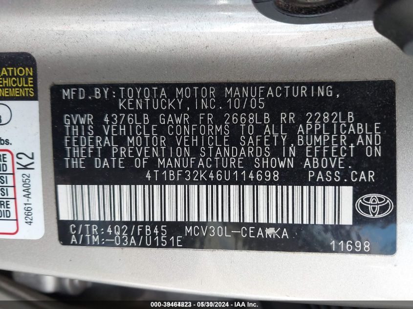 4T1BF32K46U114698 2006 Toyota Camry Le V6