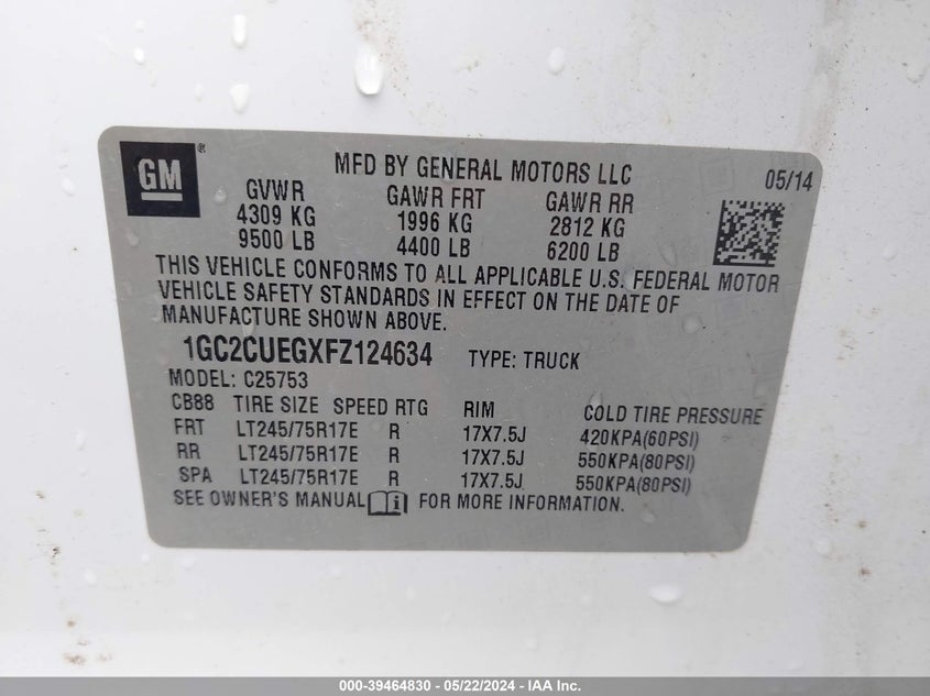 2015 Chevrolet Silverado 2500Hd Wt VIN: 1GC2CUEGXFZ124634 Lot: 39464830