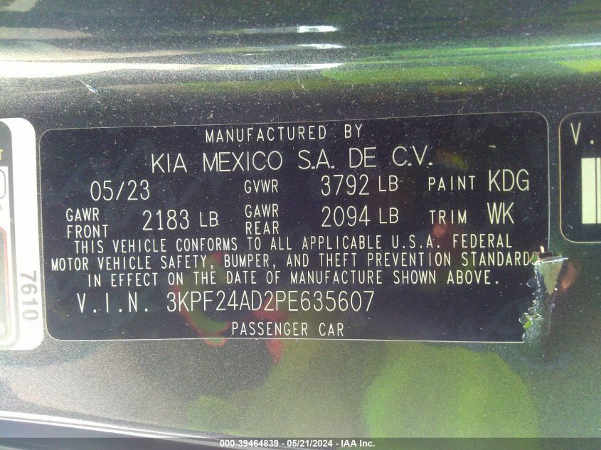 2023 Kia Forte Lxs VIN: 3KPF24AD2PE635607 Lot: 39464839