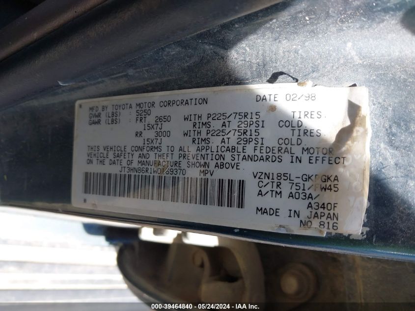 1998 Toyota 4Runner Sr5 V6 VIN: JT3HN86R1W0169370 Lot: 39464840
