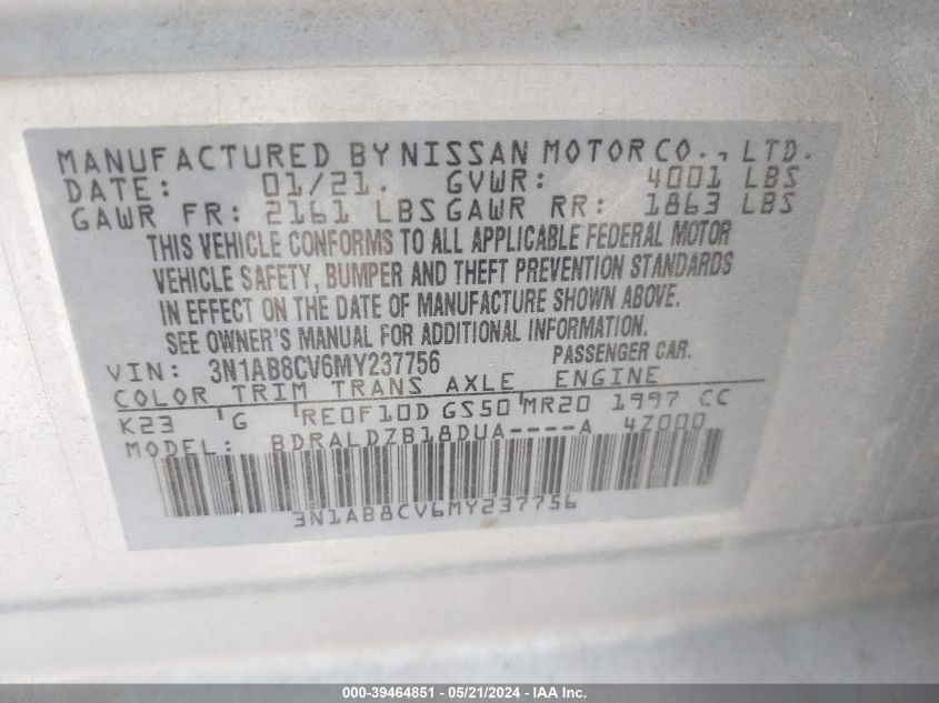 2021 Nissan Sentra Sv Xtronic Cvt VIN: 3N1AB8CV6MY237756 Lot: 39464851