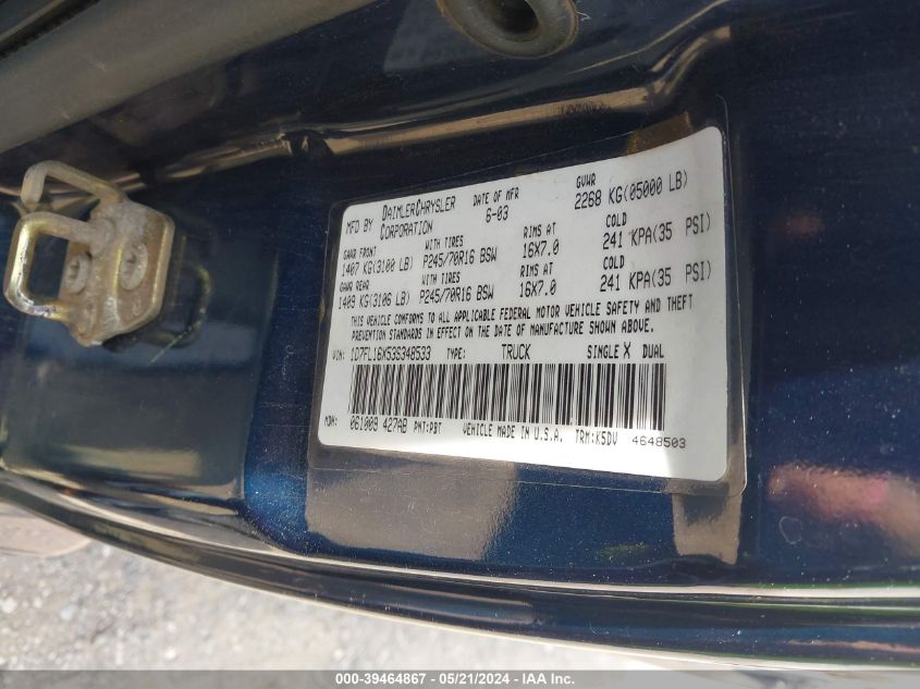 2003 Dodge Dakota VIN: 1D7FL16X53S348533 Lot: 39464867