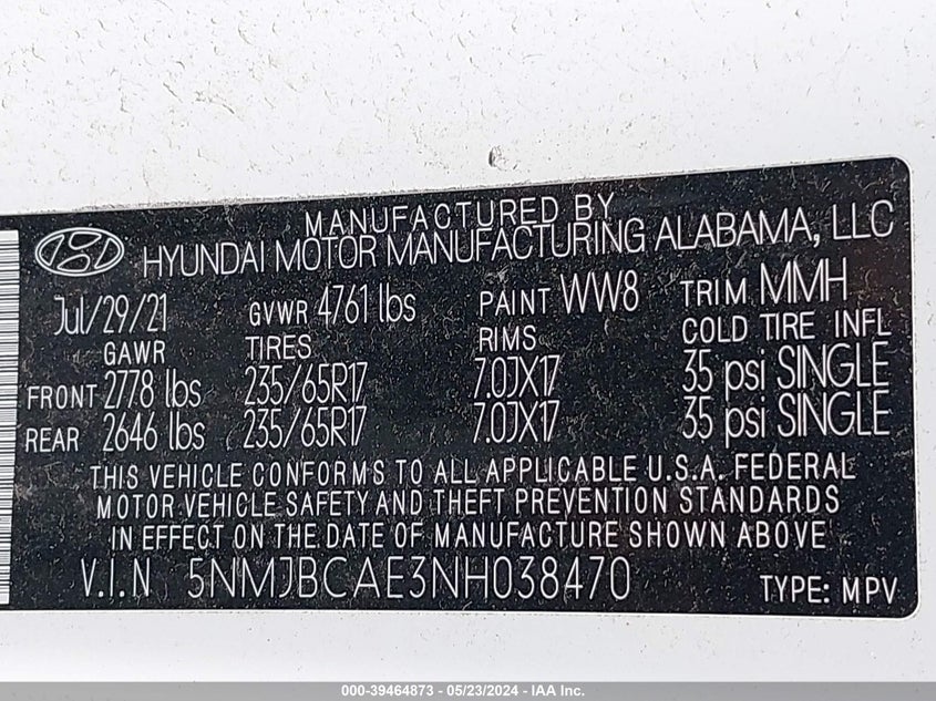 VIN 5NMJBCAE3NH038470 2022 HYUNDAI TUCSON SEL