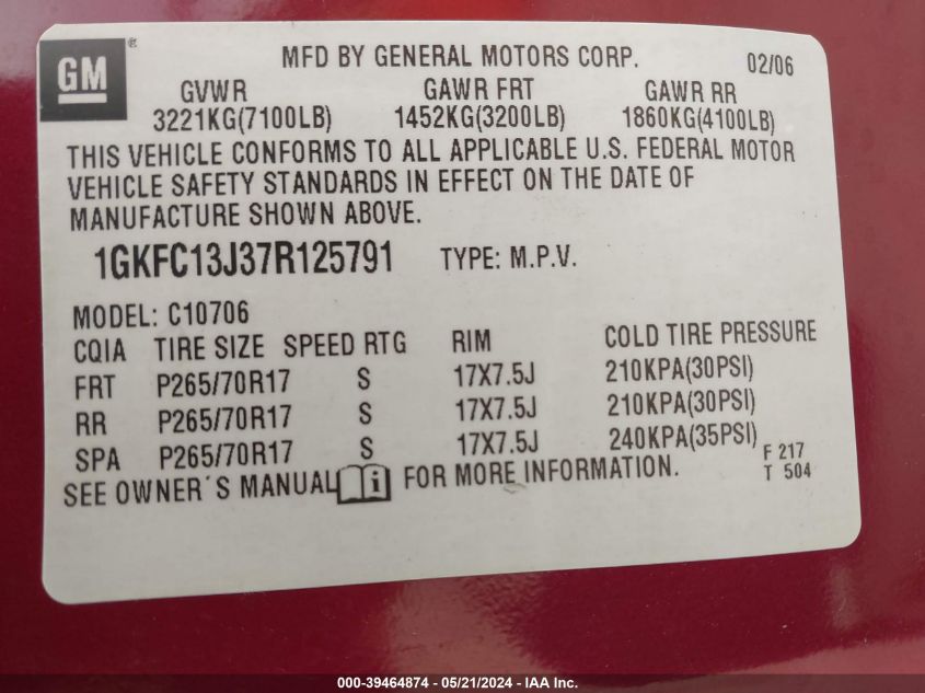 2007 GMC Yukon Slt VIN: 1GKFC13J37R125791 Lot: 39464874