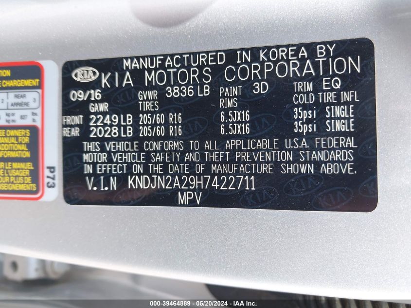 2017 Kia Soul ! VIN: KNDJN2A29H7422711 Lot: 39464889