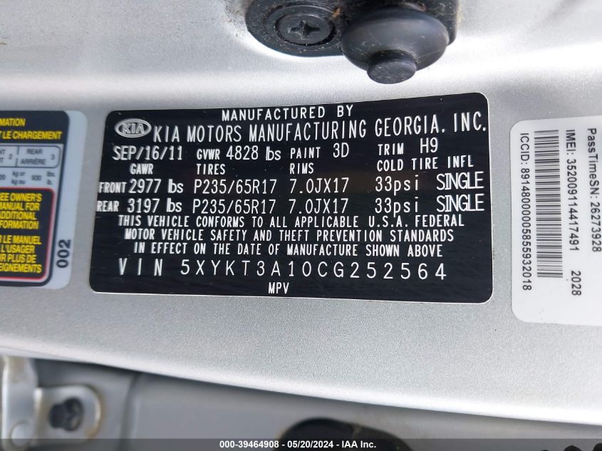 2012 Kia Sorento Lx VIN: 5XYKT3A10CG252564 Lot: 39464908