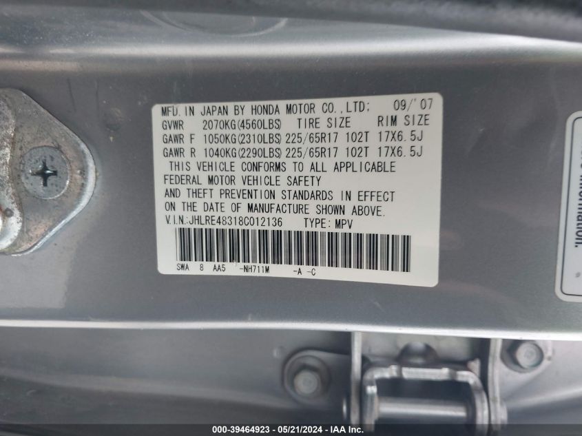 2008 Honda Cr-V Lx VIN: JHLRE48318C012136 Lot: 39464923