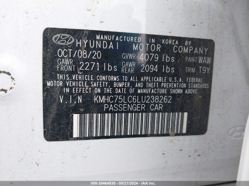 2020 Hyundai Ioniq Hybrid Se VIN: KMHC75LC6LU238262 Lot: 39464930