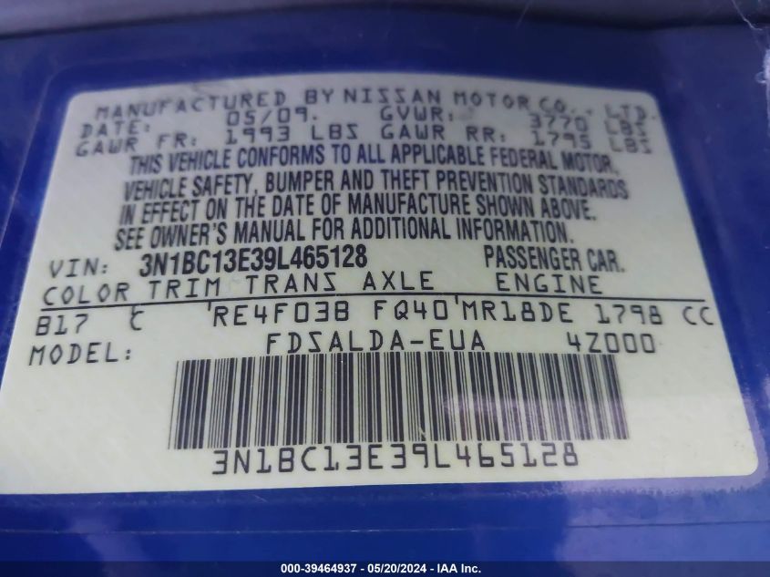 2009 Nissan Versa 1.8S VIN: 3N1BC13E39L465128 Lot: 39464937