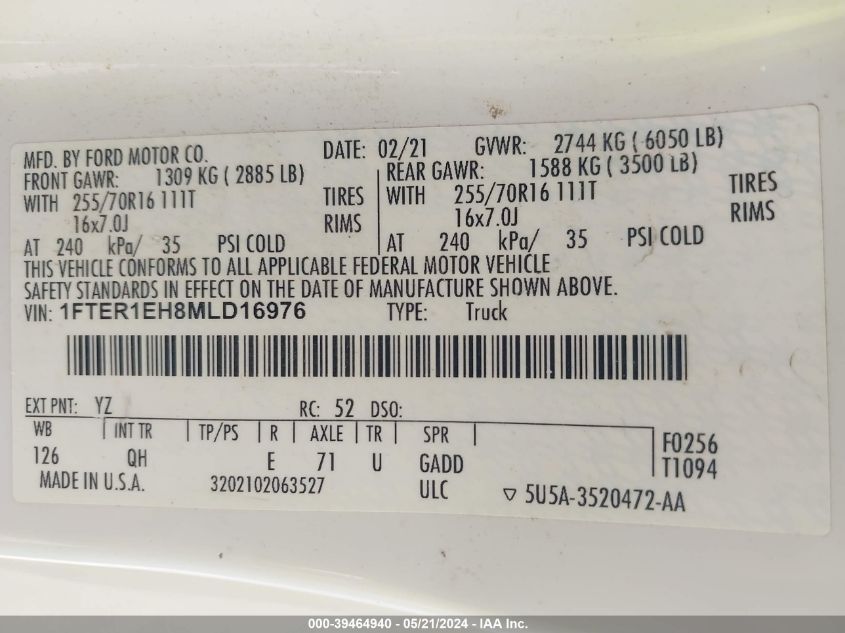 2021 Ford Ranger Xl VIN: 1FTER1EH8MLD16976 Lot: 39464940