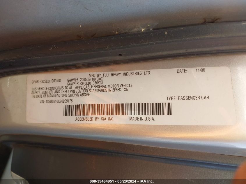 2007 Subaru Legacy 2.5I VIN: 4S3BL616X76209167 Lot: 39464951