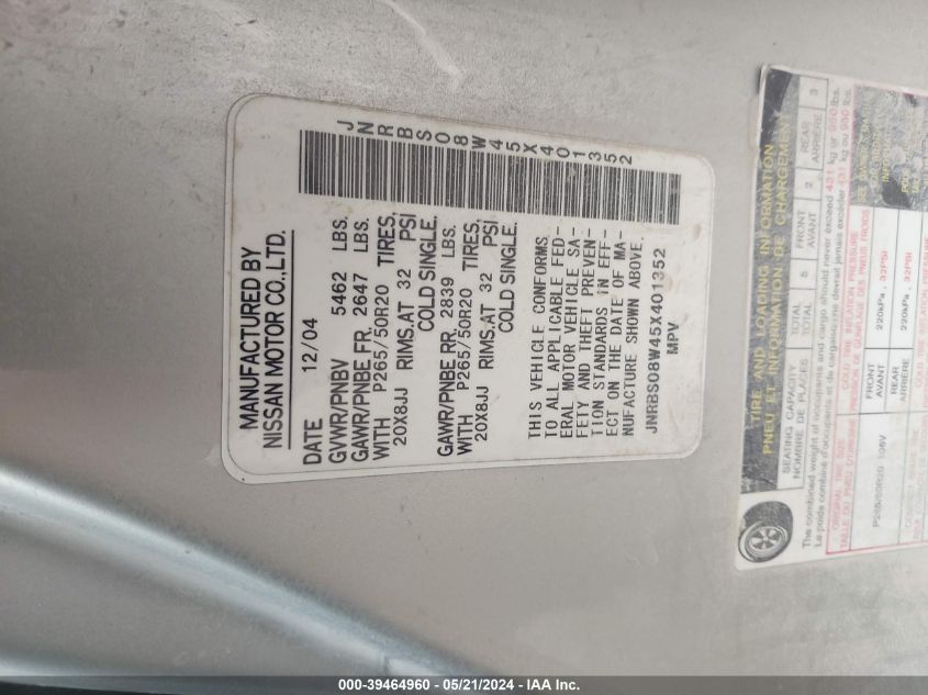 2005 Infiniti Fx45 VIN: JNRBS08W45X401352 Lot: 39464960