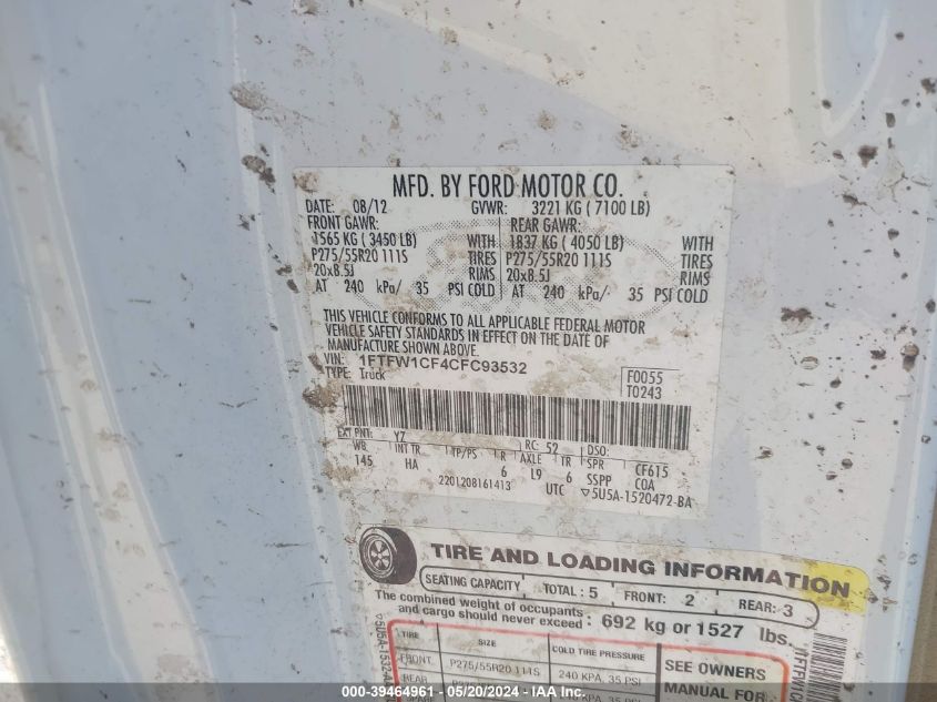 2012 Ford F-150 Lariat VIN: 1FTFW1CF4CFC93532 Lot: 39464961