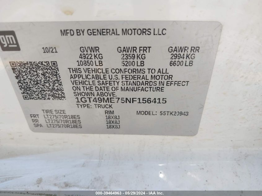 2022 GMC Sierra 2500Hd 4Wd Long Bed Sle VIN: 1GT49ME75NF156415 Lot: 39464963