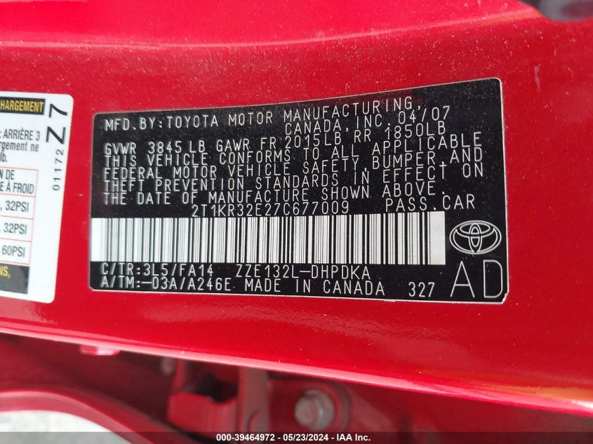 2007 Toyota Matrix VIN: 2T1KR32E27C677009 Lot: 39464972