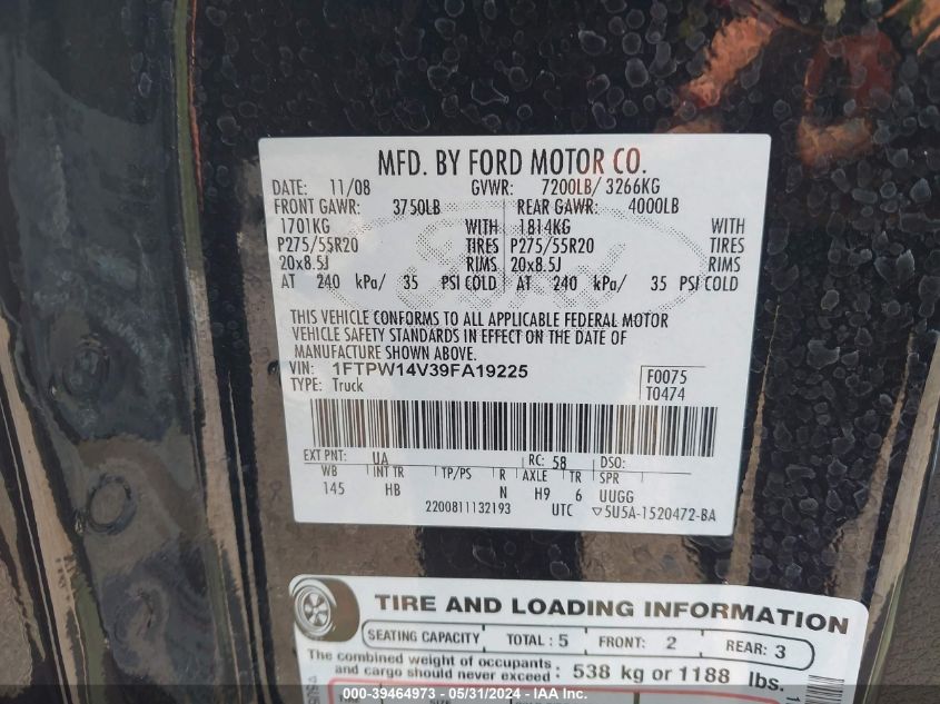 2009 Ford F-150 Fx4/King Ranch/Lariat/Platinum/Xl/Xlt VIN: 1FTPW14V39FA19225 Lot: 39464973