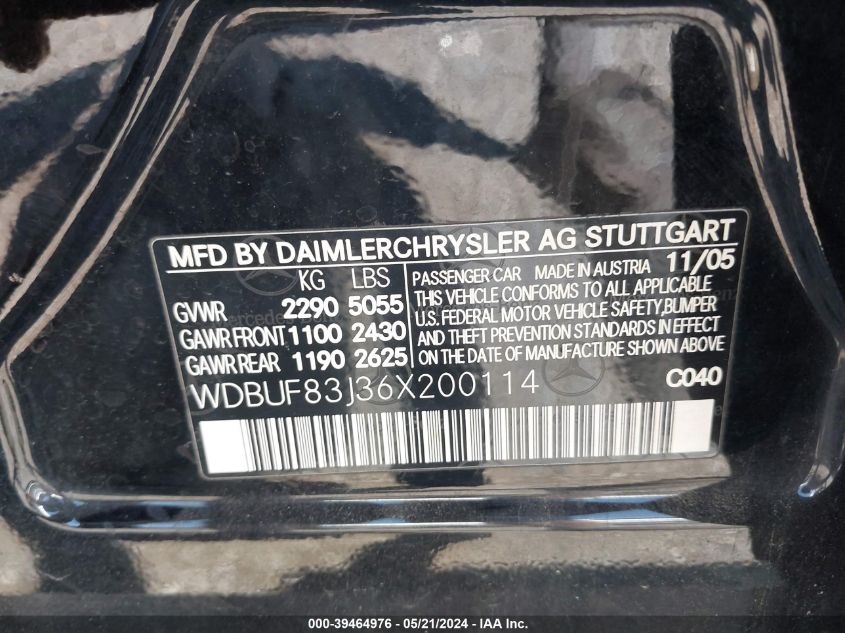 2006 Mercedes-Benz E 500 4Matic VIN: WDBUF83J36X200114 Lot: 39464976