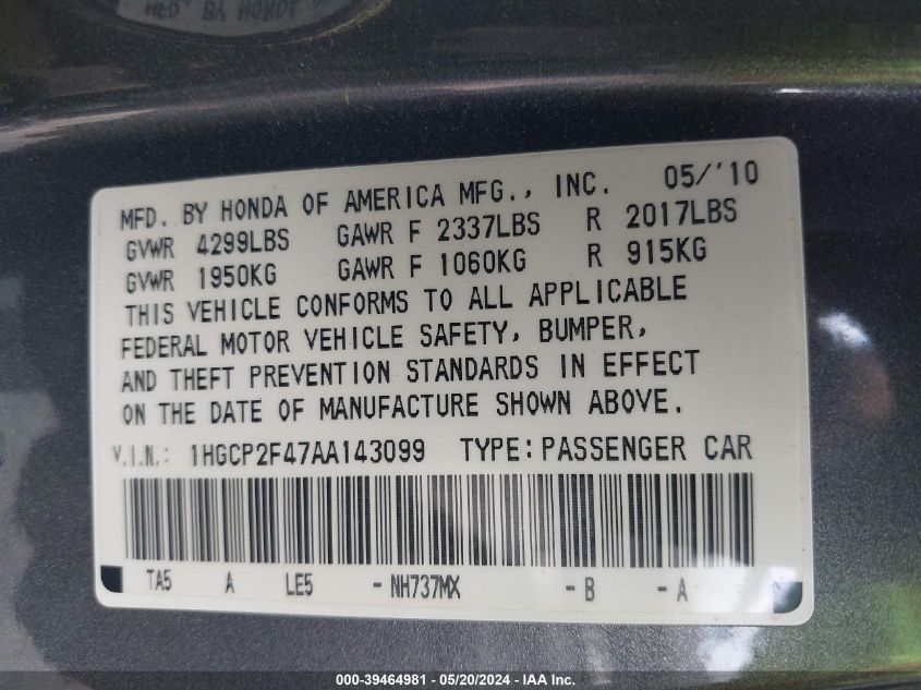2010 Honda Accord 2.4 Lx-P VIN: 1HGCP2F47AA143099 Lot: 39464981