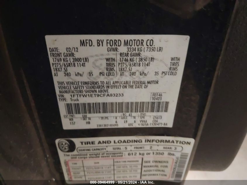 2012 Ford F-150 Lariat VIN: 1FTFW1ET9CFA93233 Lot: 39464999