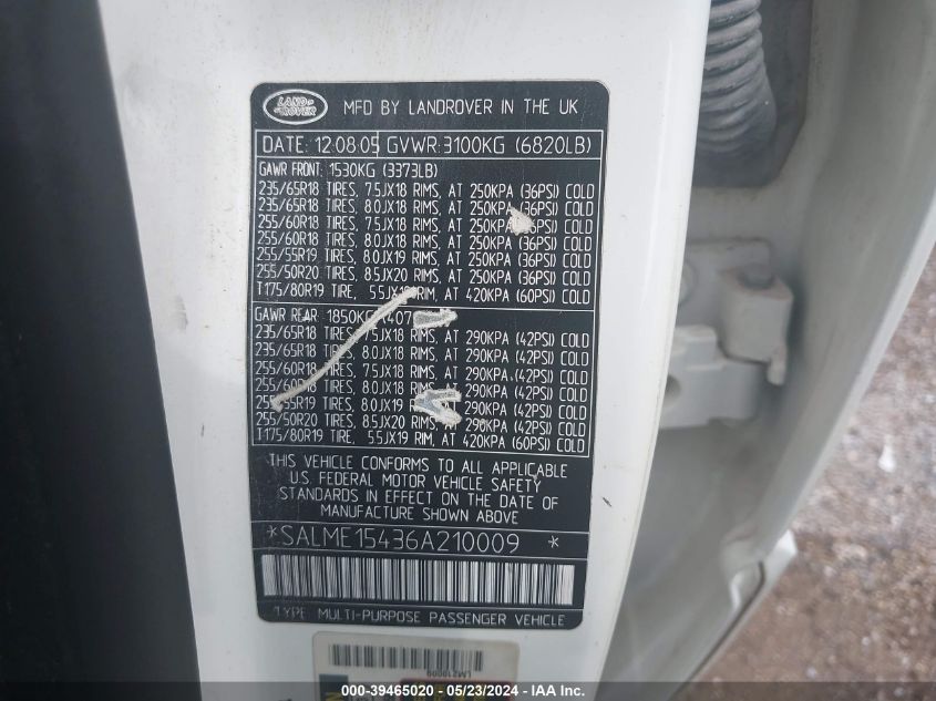 2006 Land Rover Range Rover Hse VIN: SALME15436A210009 Lot: 39465020