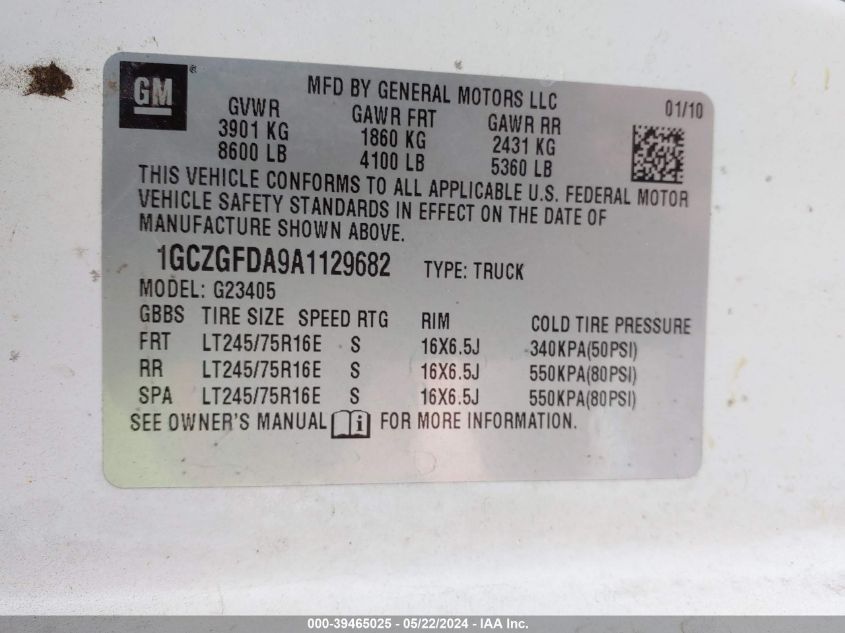 2010 Chevrolet Express 2500 Work Van VIN: 1GCZGFDA9A1129682 Lot: 39465025