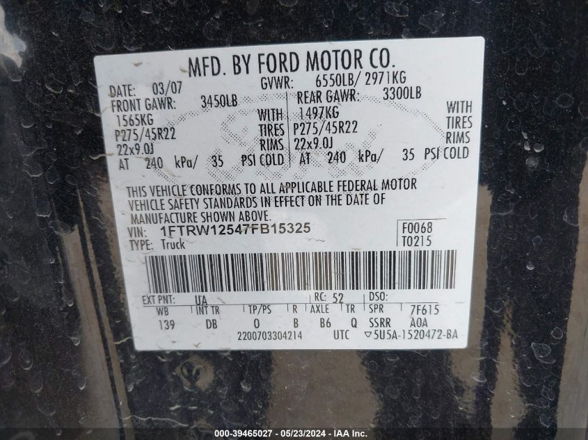 2007 Ford F-150 Lariat VIN: 1FTRW12547FB15325 Lot: 39465027