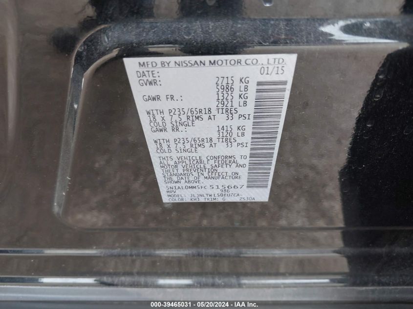 2015 Infiniti Qx60 VIN: 5N1AL0MM5FC515667 Lot: 39465031