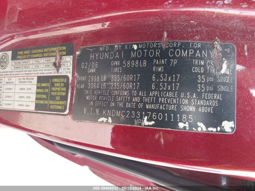 2007 Hyundai Entourage Gls/Limited/Se VIN: KNDMC233176011185 Lot: 39465032