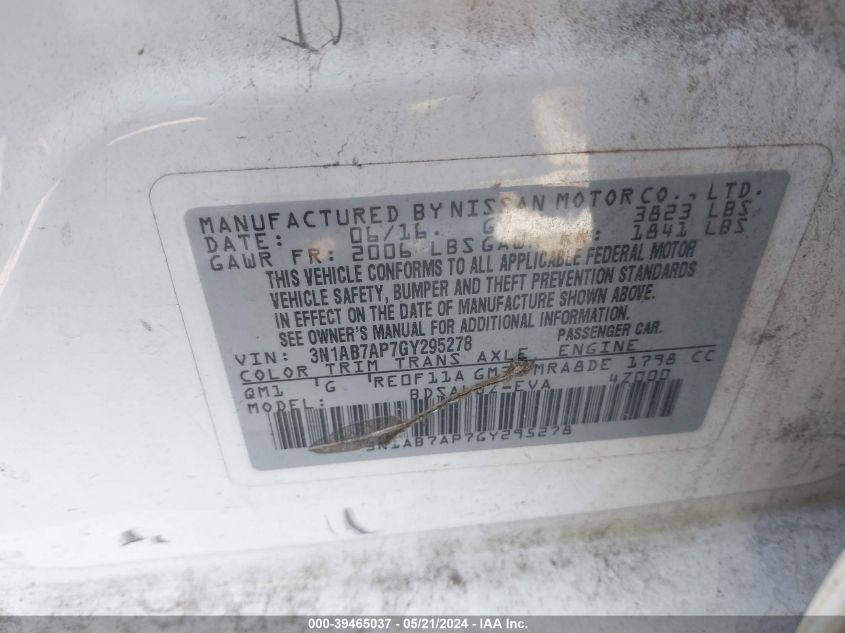 2016 Nissan Sentra Fe+ S/S/Sl/Sr/Sv VIN: 3N1AB7AP7GY295278 Lot: 39465037