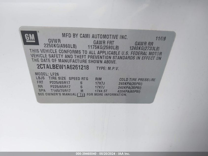 2010 GMC Terrain Sle-1 VIN: 2CTALBEW1A6261218 Lot: 39465040