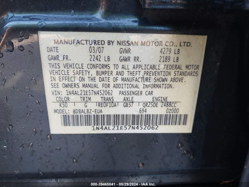 2007 Nissan Altima 2.5 S VIN: 1N4AL21E57N452062 Lot: 39465041