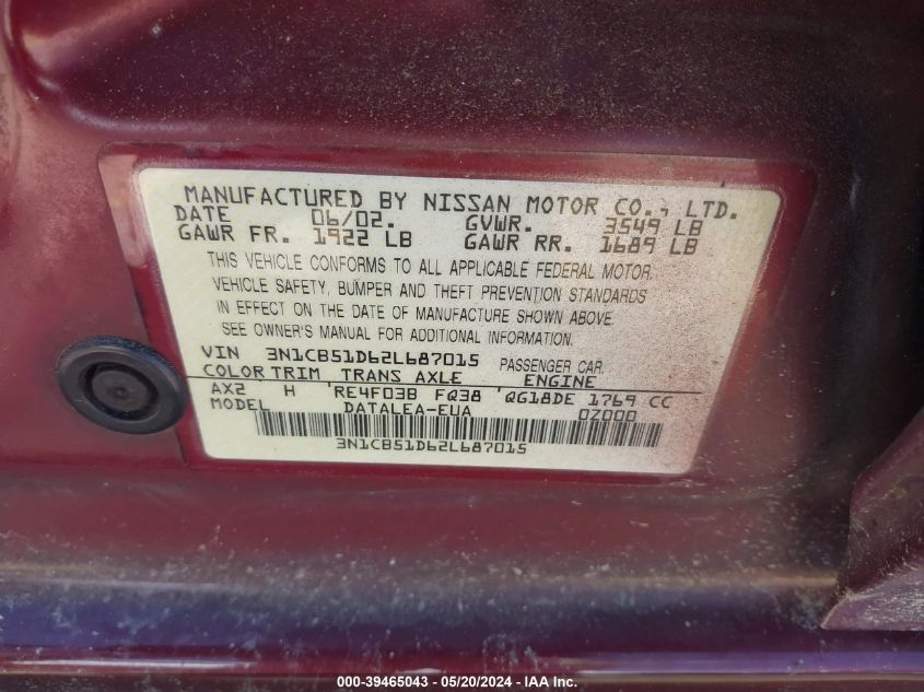 2002 Nissan Sentra Gxe VIN: 3N1CB51D62L687015 Lot: 39465043