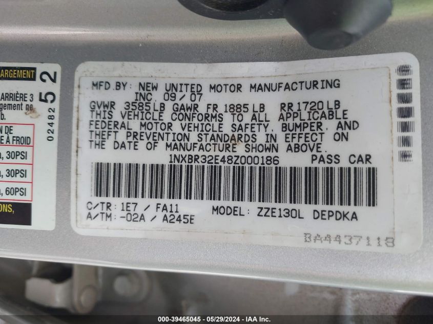 2008 Toyota Corolla Ce VIN: 1NXBR32E48Z000186 Lot: 39465045