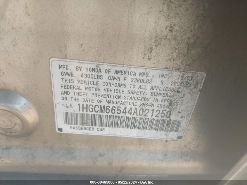 2004 Honda Accord 3.0 Ex VIN: 1HGCM66544A021250 Lot: 39465066