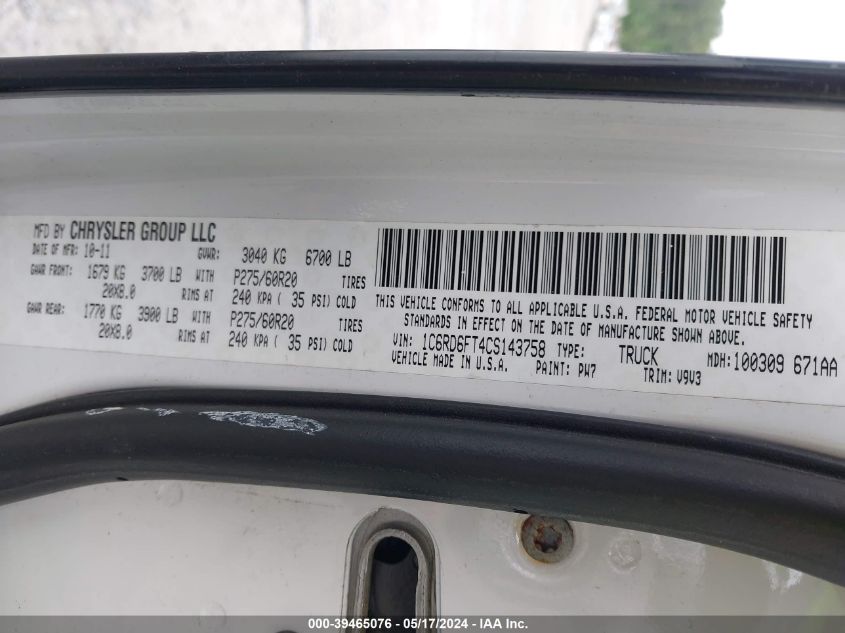 2012 Ram 1500 St VIN: 1C6RD6FT4CS143758 Lot: 39465076