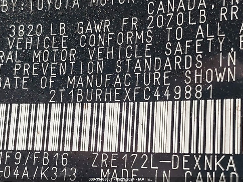 2015 TOYOTA COROLLA L/LE/LE PLS/PRM/S/S PLS - 2T1BURHEXFC449881