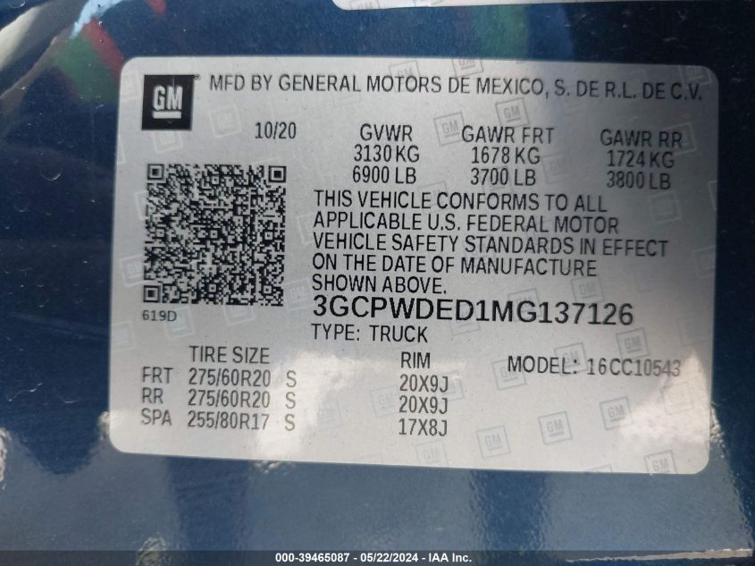 2021 Chevrolet Silverado 1500 2Wd Short Bed Rst VIN: 3GCPWDED1MG137126 Lot: 39465087