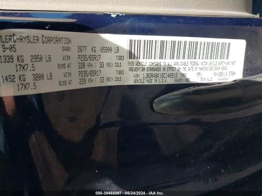 2006 Jeep Grand Cherokee Laredo VIN: 1J8GR48K16C140916 Lot: 39465097