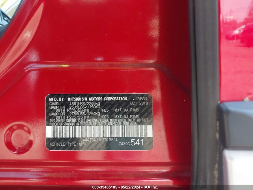 2020 Mitsubishi Outlander Sel 2.4 S-Awc VIN: JA4AZ3A31LZ019624 Lot: 39465105