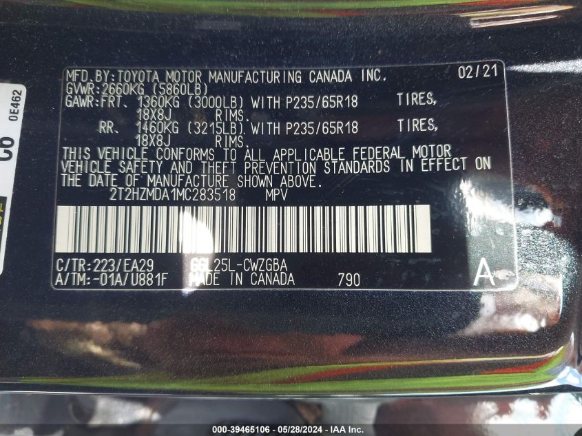 2021 Lexus Rx 350 VIN: 2T2HZMDA1MC283518 Lot: 39465106