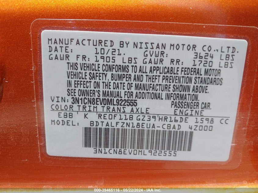 2021 Nissan Versa Sv Xtronic Cvt VIN: 3N1CN8EV0ML922555 Lot: 39465116