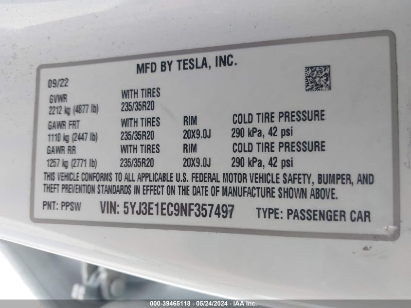 2022 Tesla Model 3 Performance Dual Motor All-Wheel Drive VIN: 5YJ3E1EC9NF357497 Lot: 39465118