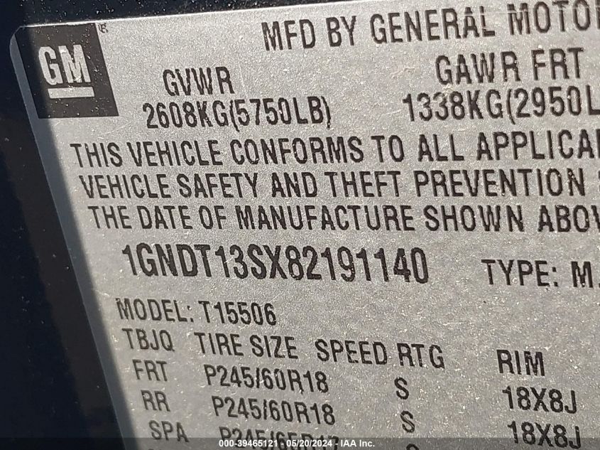 2008 Chevrolet Trailblazer Lt VIN: 1GNDT13SX82191140 Lot: 39465121