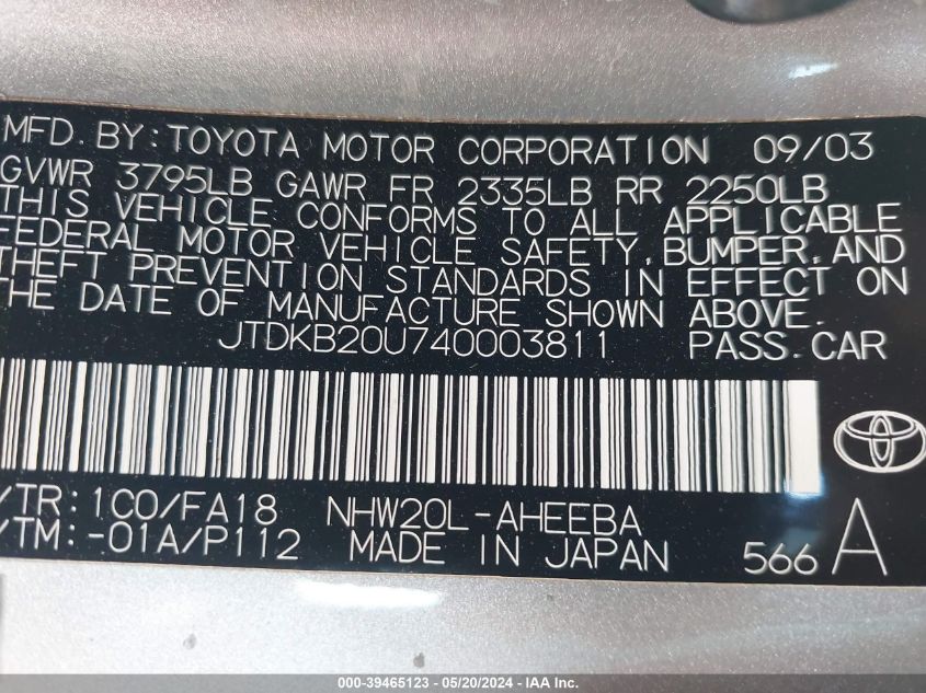 2004 Toyota Prius VIN: JTDKB20U740003811 Lot: 39465123