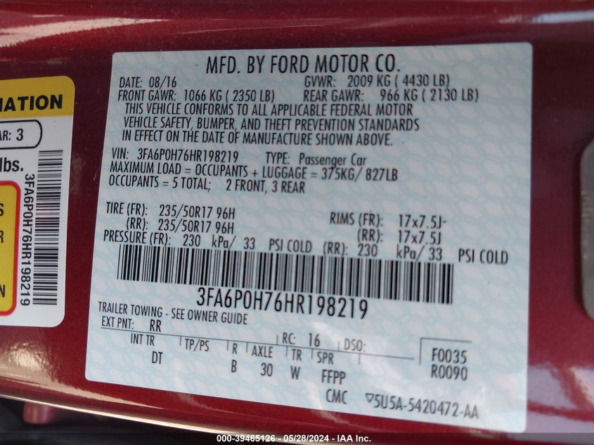 VIN 3FA6P0H76HR198219 2017 FORD FUSION SE