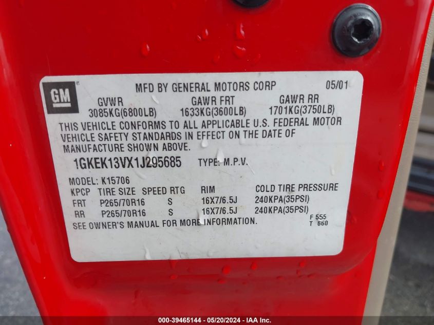 2001 GMC Yukon Slt VIN: 1GKEK13VX1J295685 Lot: 39465144