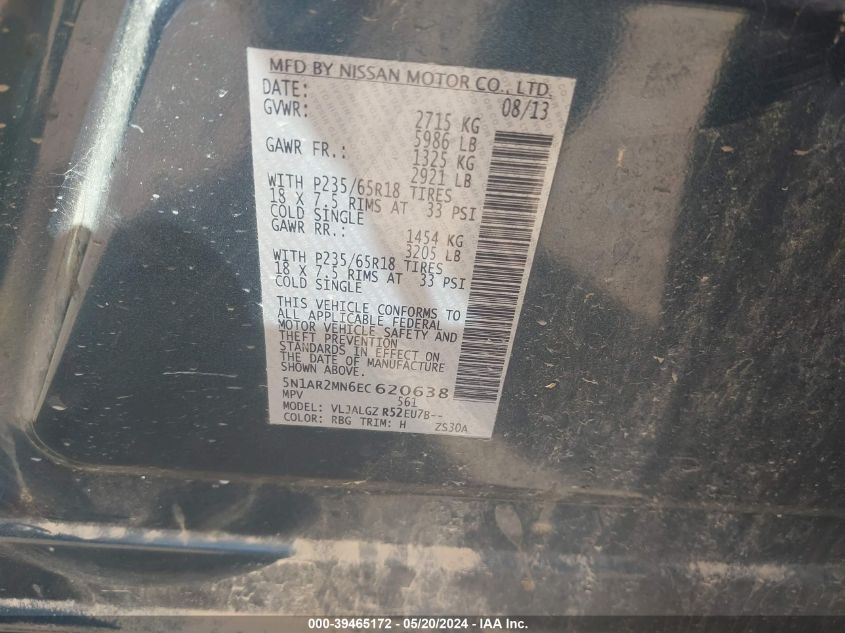 2014 Nissan Pathfinder Sl VIN: 5N1AR2MN6EC620638 Lot: 39465172